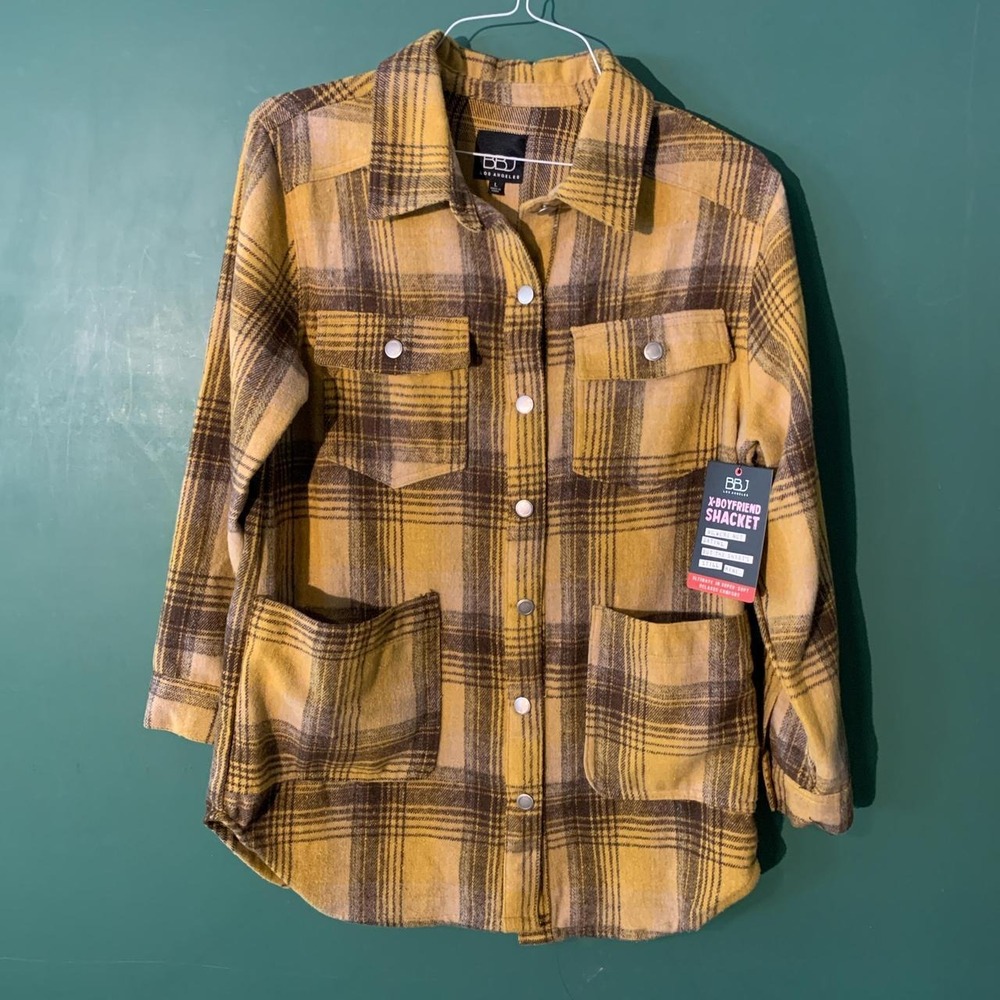 BBJ Los Angeles Plaid Flannel X-Boyfriend Shacket Yellow Brown Large NWT